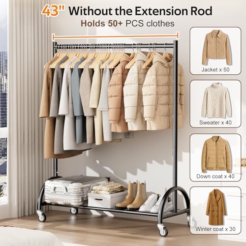 MISSLO Heavy Duty Clothing Rack with Wheels Rolling Clothes Racks for Hanging Clothes, Coats, Garment, Dress, Black - Image 3