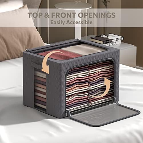 CYhom 3Pack Stackable Clothes Storage Bins - Oxford Frame Storage Box Foldable Clothing Storage Container Organizer Set with Clear Window & Carry Handles Large Capacity (Dark Gray, Large-66L) - Image 3