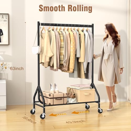 EAGMAK Heavy Duty Clothes Rack Load 420 LBS, Rolling Garment Rack with Lockable Wheels, Standing Metal Clothing Rack with Shelves, Portable Wardrobe Sturdy Coat Rack for Hanging Clothes (Black) - Image 5