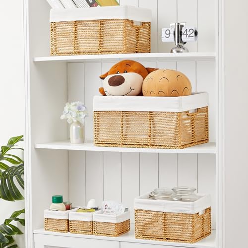 Vagusicc Wicker Storage Basket, 6 Pack Baskets for Organizing, Wicker Baskets with Handle, Rectangular Woven Basket for Storage Shelves, Cube Storage Bins for Closet/Clothes/Dresser, Natural - Image 4