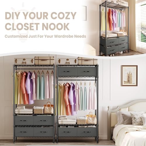 Metal Clothing Rack Adjustable Wardrobe Rack with Drawers 683LBS Black - Image 5