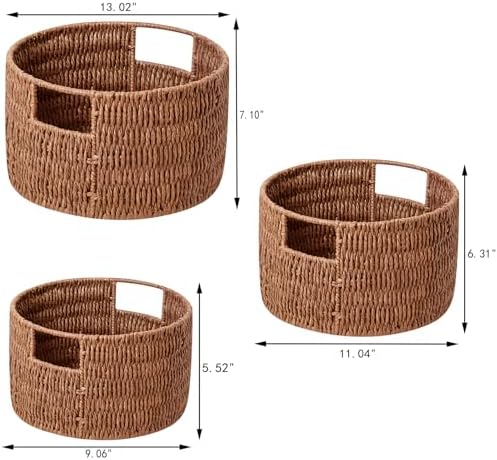 Vagusicc Wicker Storage Basket, Hand-Woven Paper Rope Large Round Woven Basket With Handles, Wicker Baskets for Organizing/Storage, Brown, 3-Pack - Image 2