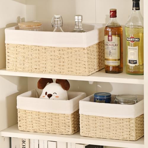 Vagusicc Wicker Basket, Set of 3 Hand-woven Storage Baskets for Organizing, Decorative Bathroom Wicker Storage Basket Bins with Handles, Small Toilet Paper Storage Baskets for Shelves & Decor, Beige - Image 5