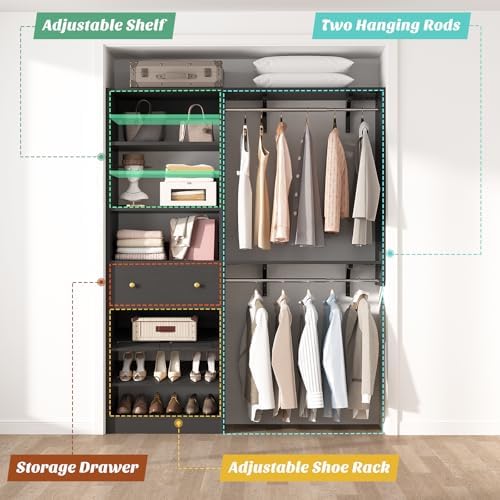 Closet System with Drawer - Reversible 5FT Wood Closet Organizer System with 2 Hanging Rods and Adjustable Shelf, Walk In Closet Organizers with Shoe Rack, Built-In Garment Rack Clothes Rack, Black - Image 6