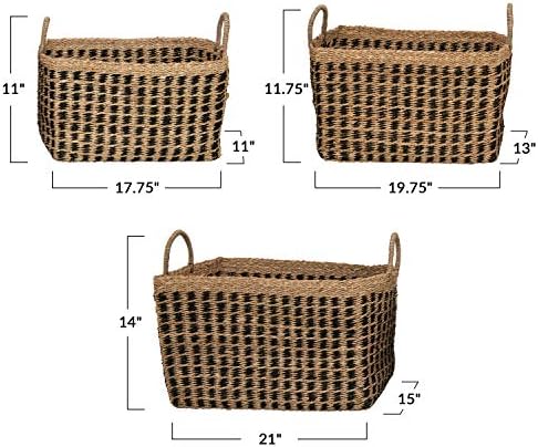 Creative Co-Op Hand-Woven Seagrass Baskets with Handles, Black & Natural, Set of 3 (Each One Will Vary) - Image 2