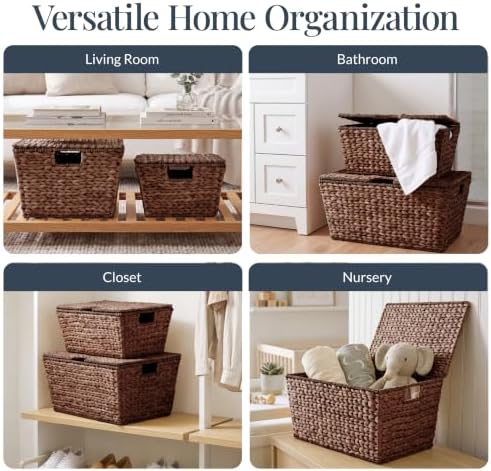 Best Choice Products Set of 2 X-Large & Medium Woven Storage Baskets W/Lids, Hyacinth Nesting Bins, Handwoven Organizer Baskets W/Handles for Bedroom, Living Room, Laundry Room, Or Office - Brown - Image 4