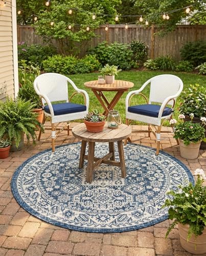 Rugs.com - Outdoor Aztec Rug – 4 Ft Round Blue Indoor/Outdoor Rug – Washable Flatweave for Patio, Deck, and Porch by Rugscom
