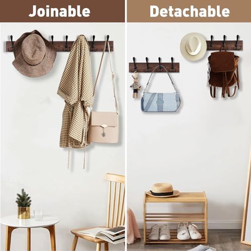 Kuhome 32.2'' Large Coat Rack Wall Mount Coat Hooks Coat Hanger with 8 Metal Black Triple- Hooks Brown Pine Real Wood Plank Hat Rack for Wall Hooks for Hanging Coat Hat Jacket (Pack of 2) - Image 7