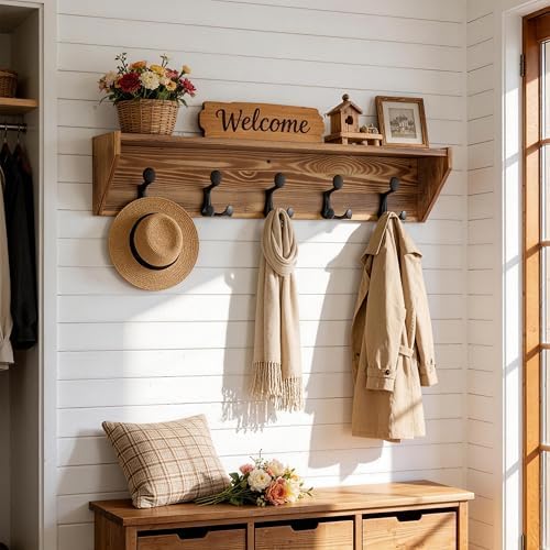 SKOLOO Wall Shelf with Hooks, 35-Inch Coat Rack Wall Mount with Shelf Organizer - Heavy Duty, 5 Tri Hooks - Perfect for Entryway, Hallway, Living Room, Bedroom, Mudroom, Wood Brown & Black - Image 3