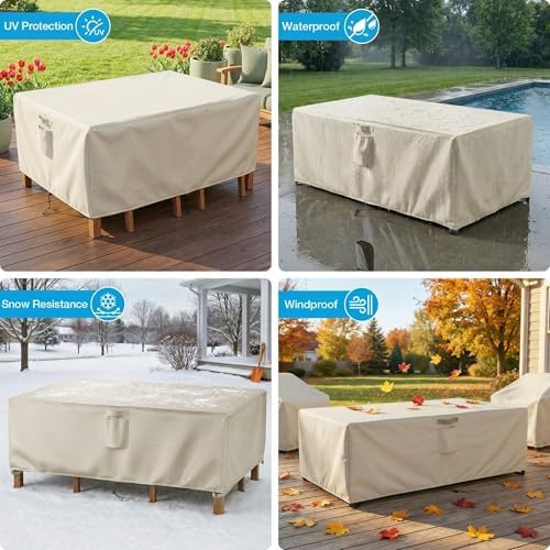 UPGRADE Outdoor Furniture Covers, Custom Size 48"(L) x 32"(W) x 34"(H) Rectangular Patio Table and Chair Waterproof Covers, Heavy Duty 420D, Cream - Image 5