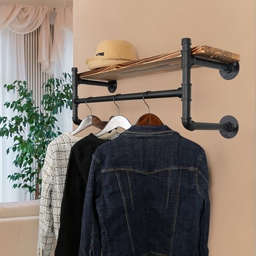 WEBI Wall Mounted Clothes Rack with Shelf,32" Industrial Pipe Clothing Rack with Shelves,Heavy Duty Iron Garment Rack Bar,Retail Display Clothes Rod for Clothes,Laundry Room,Black - Image 2