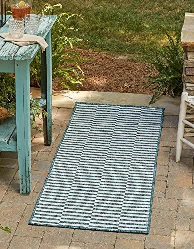 Unique Loom Outdoor Striped Collection Area Rug - Striped (2' x 6' 1" Runner, Teal/Ivory) - Image 2