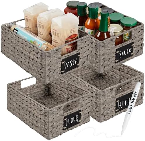 Best Choice Products Set of 4 9x12in Water Hyacinth Pantry Baskets, Woven Organizers w/Chalkboard Label, Chalk Marker - Gray by BestChoiceProducts