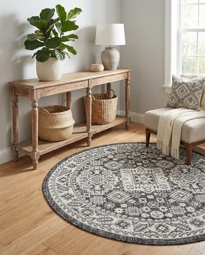 Rugs.com - Outdoor Aztec Rug – 4 Ft Round Charcoal Gray Washable Indoor/Outdoor Rug – Flatweave Tribal Design for Patios, Decks, and Porches - Image 4