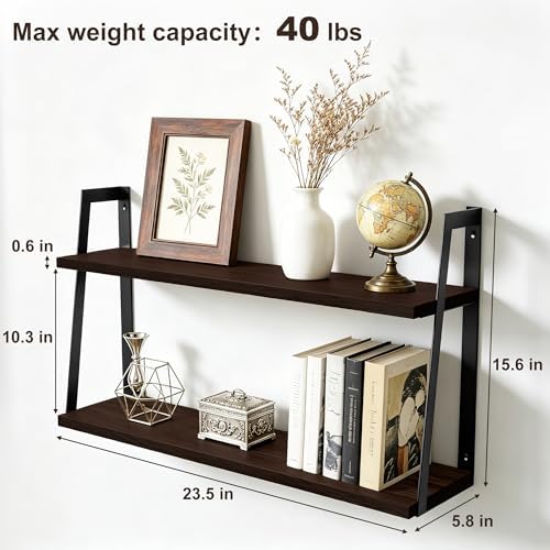 SRIWATANA Dark Walnut 2-Tier Floating Shelves, Wood Wall Storage Shelf Unit - Image 3