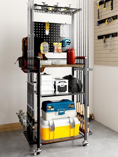 SOYEEZE Fishing Rod Holders for Garage,Fishing Gear Holder for Fishing Rod Tackle Box Storage，Fishing Pole Holders for 12 Rods with Hooks and Pegboard,Fishing Cart with Reel Rack, Standard Size by SOYEEZE