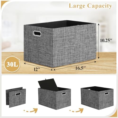 Posprica Closet Storage Bins, 4 Pack Large Closet Shelf Organizers, Linen Fabric Decorative Storage Baskets for Organizing, Foldable Storage Box for Clothes, 16.5x12x10.25 Inch (Black) - Image 3