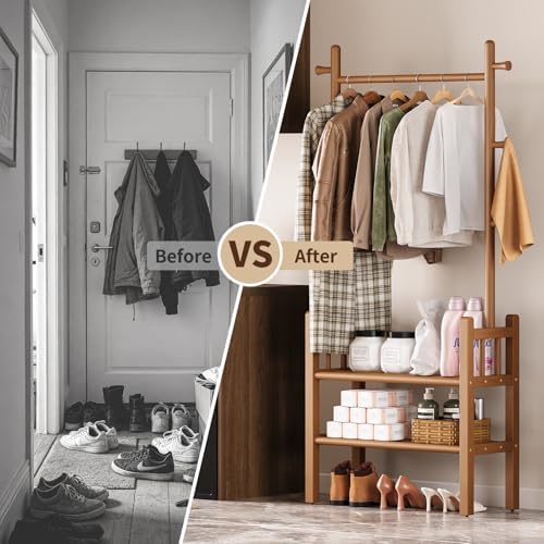 Yoobure Solid Wood Clothing Rack with Shelves - Coat Rack Freestanding with 6 Hooks, 3-in-1 Hall Tree for Hanging Clothes, Tall Garment Racks with Storage for Bedroom, Entryway, Living Room, Closet - Image 5