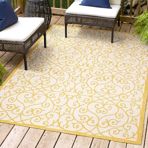 Eyely Filigree Textured Weave Area Rug 5X8 Cream/Yellow, Indoor Outdoor Rug by eyely