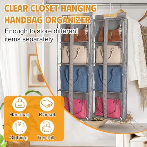 Silkfly 2 Pack Hanging Purse Organizer with Zipper for Closet Handbag Storage PVC Mesh Shelves with 4 Pockets for Bedroom Door Wardrobe Shelf Rack Space Saving(Brown) - Image 5