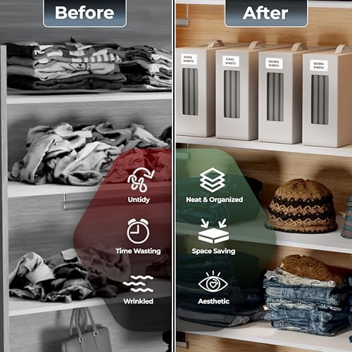 TIMBLE Bed Sheet Organizers & Storage, 10 Pack for King, Queen & Large Sheet Sets, Closet Organizer for Linens, Clothes, Blankets & Bedding, Foldable Fabric Bins with Handle, Name Tag & Window (Beige) - Image 6