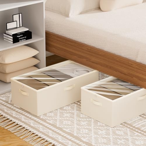 10inch 3 Pack Under Bed Storage Containers, 10 Inch Tall Underbed Clothes Storage Organizer Bin with Clear Window，Foldable Box Basket for Clothes, Closet, Bed Sheets and Blankets Beige - Image 6