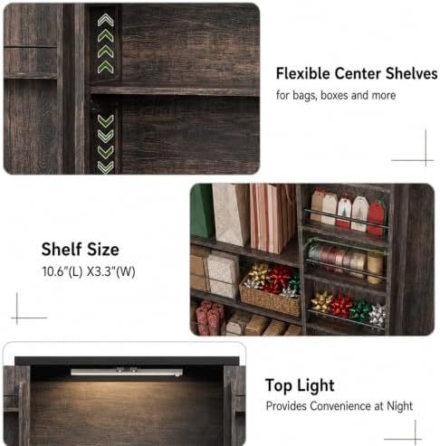 FIMELLO 71" H Gift Wrap Storage Cabinet, Craft Storage Cabinet, Rustic Oak - Image 4