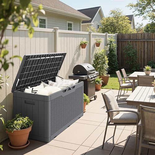 Greesum 100 Gallon Resin Deck Box Large Outdoor Storage Boxes with Cushions for Garden Tools, Patio Furniture Pillows, Pool Supplies, Gray - Image 5