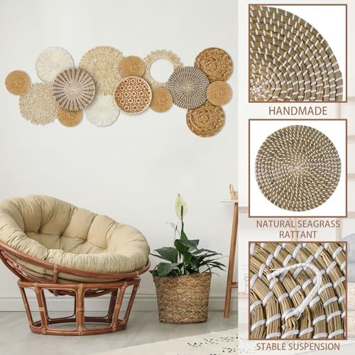 Xuhal 15 Pcs Boho Wall Basket Decor Handcrafted Seagrass Woven Wall Basket Rustic Round Woven Hanging Art for Home Farmhouse Kitchen Table Living Room(Fresh Style) - Image 4