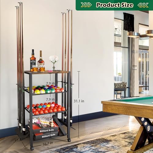 Pool Stick Holder Rack Stand for 8 Cue Sticks - Billiard Game Room Storage Cart with Organizer for Balls, Pool Table Accessories and Equipment - Heavy Duty Floor Stand Cue Stick Rack for Home or Bar - Image 6
