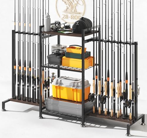 SOYEEZE Fishing Rod Holder for 28 Rods, Ground Stand Fishing Pole Holders for Garage, 3-Sided Vertical Fish Rod Rack for Tackle Box, Fishing Supplies,a Display Fish Gear Storage Gift for Man by SOYEEZE