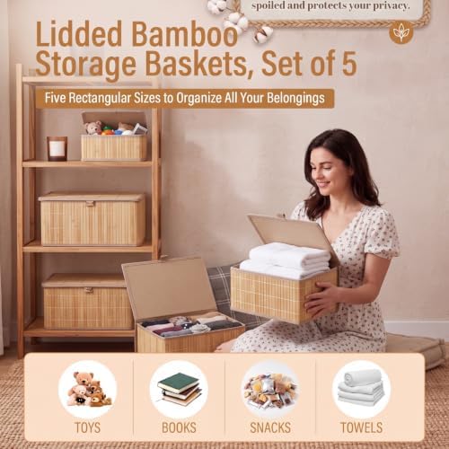 Newtay Set of 5 Large Bamboo Decorative Storage Boxes with Lids - Image 5