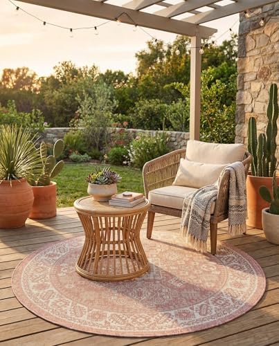 Rugs.com - Outdoor Aztec Rug – 4 Ft Round Pink Washable Indoor/Outdoor Rug – Flatweave Geometric Pattern for Patios, Decks, and Porches by Rugscom