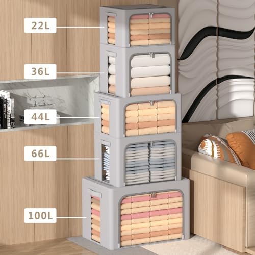 CYhom 3Pack Frame Storage Box - Clothes Storage Bin Bags Oxford Fabric Foldable Stackable Container Organizer Set with Clear Window & Carry Handles (Grey, Extra Large-100L) - Image 5