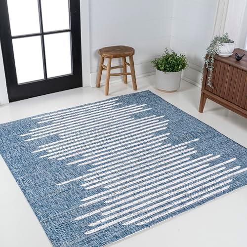 JONATHAN Y Stripe Geometric Indoor Outdoor Square Area Rug 5X5 Blue/Ivory, Zolak Berber for Backyard, Patio, Porch, Easy-Cleaning, High Traffic, Pet-Friendly, Non-Shedding (SMB124C-5SQ) by JONATHANY