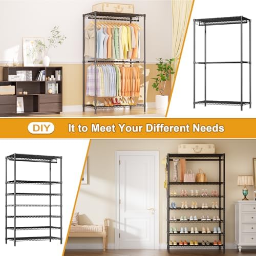 Ulif E13 Max Heavy Duty Clothes Rack（With 4 Hanger Rods & 8 Shelves） Freestanding Clothing Racks for Hanging Clothes，Adjustable Closet，Metal Garment Rack 86" W x16 D x77 H，Max Load 1100LBS，Black - Image 5