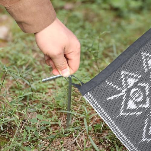 COZYLOOM Waterproof Outdoor Rug 9x18 ft, Plastic Reversible Rug, Vintage Area Rug, Large Floor Mat with 4 Stakes for Outdoors, RV, Patio, Backyard, Deck, Picnic, Beach, Camping, Grey & White - Image 7