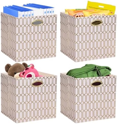 Posprica Storage Bins, Storage Cubes,13×13 Fabric Drawers Organizer Basket Boxes Containers (13×13×13/4pcs, Cream/gold geometry Pattern) by Posprica