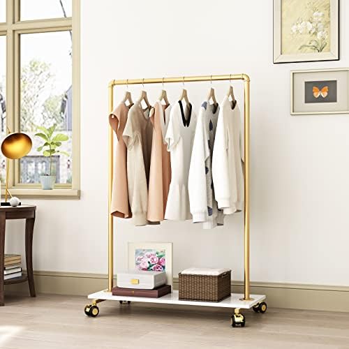 Gold Metal Clothing Rack with Wood Shelf, Heavy Duty Rolling Garment Rack with Wheels for Bedroom Retail Boutique Use (37.4L inches) - Image 3