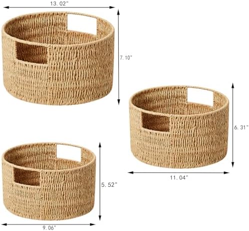 Vagusicc Wicker Storage Basket, Hand-Woven Paper Rope Large Round Woven Basket With Handles, Wicker Baskets for Organizing/Storage, Natural, 3-Pack - Image 2