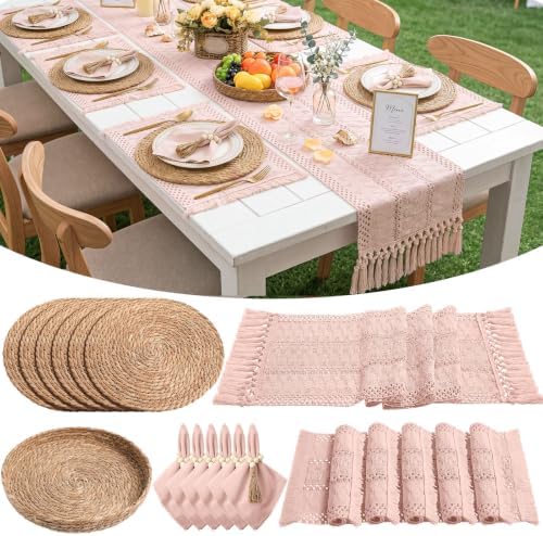 6 Sets Boho Placemat Table Runner Napkin Rings, Pink, 12x72 by Gandeer