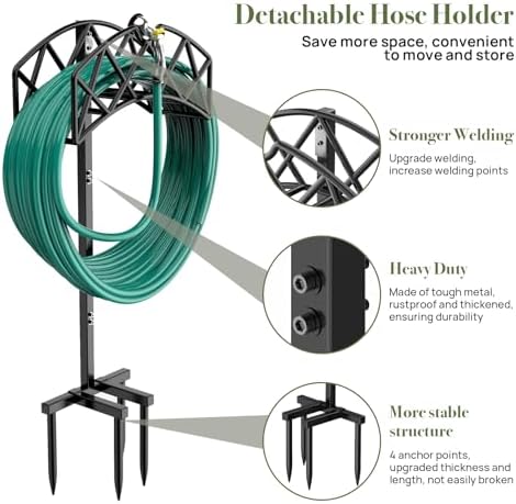 Winpull Garden Hose Holder Detachable Heavy Duty Metal Water Hose Hanger, Freestanding Hose Storage Stand Rack for Outside (Black) - Image 2