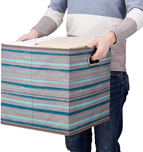 13 inch Collapsible Storage Cubes Bins Teal Stripes Fabric Storage Boxes Foldable Cube Inserts Storage Grey Printed Folding Cloth Storage Baskets Drawer Organizer ,QY-SC05-6 - Image 2
