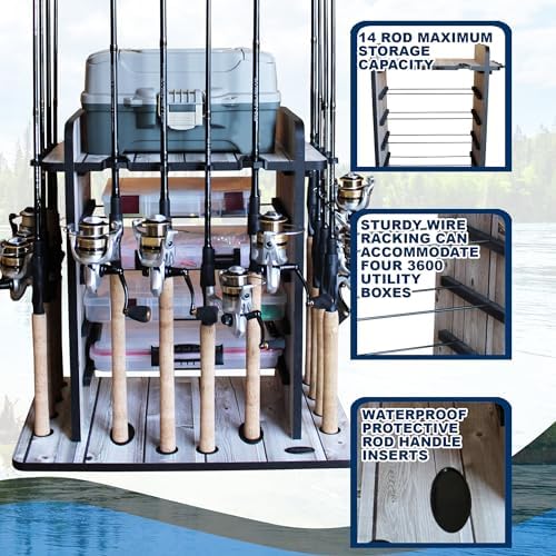 Rush Creek Creations Fishing Rod Holder for 14 Saltwater/Freshwater Rods, Fishing Pole Holder w/ up to 4 Fishing Gear Tackle Box Storage for Garage Organization/Boat Storage for Fishing Accessories - Image 3