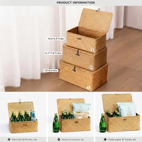 Nonam Wicker Storage Basket with Lid,Seagrass Shelf Basket Set of 3,Nautral - Image 2
