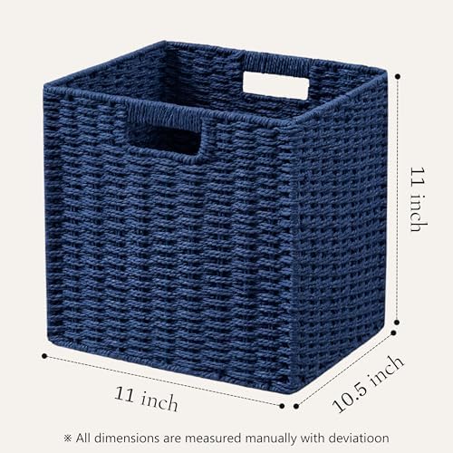 UBBCARE 3 Pack Wicker Basket, 11L×11H×10.5W inch Woven Paper Rope Storage Baskets for Shelves, Foldable Cube Storage bin with Handle, Storage Basket for Organizing & Decor, Navy Blue - Image 2