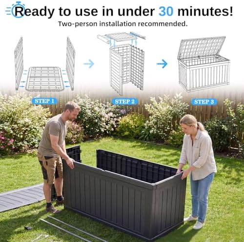 320 Gallon Outdoor Storage Deck Box, Waterproof Resin Deck Boxes with Handle & Lockable for Patio Furniture, Garden & Pool Tools -Swimming Pool, UV Resistant, Black (320) - Image 3