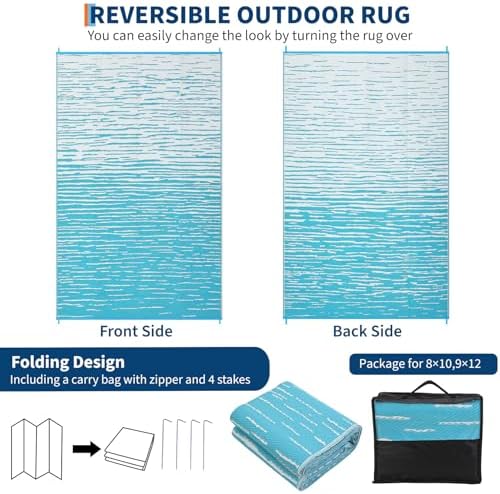 Outdoor Rug 6x9 Waterproof Patio Rugs Abstarct Line Reversible Mat for Front Door Rv Foldable Plastic Straw Carpet for Travel Trailers, Deck, Picnic, Porch, Camper, Balcony, Beach，Light Blue - Image 5