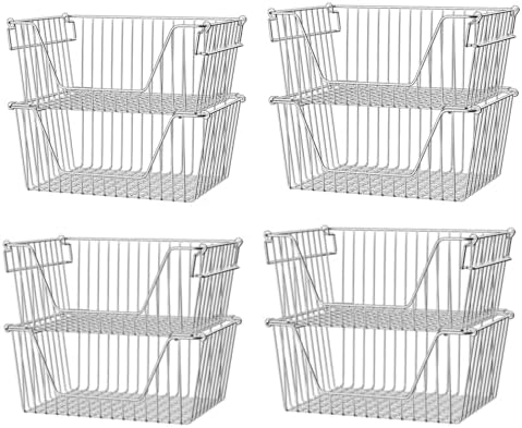Slideep 14" Large Stackable Storage Baskets, Cabinet Organizer Sturdy Metal Wire Pantry Freezer Bin for Pantry Home Bathroom Kitchen Organization - Set of 8 by WelcometotheSlideep