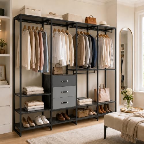 Freestanding Closet Organizer System with 3 Drawers, 6FT Heavy Duty Clothing Rack with Shelves and 6 Hanging Rods, Large Corner L Shaped Garment Rack, Grey Oak - Image 2